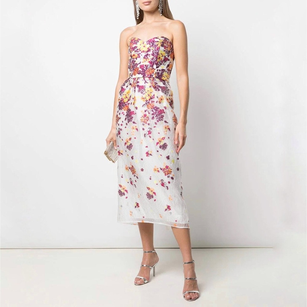 Marchesa Strapless Sweetheart Dress Floral Ivory Purple Orange Midi Sz 6